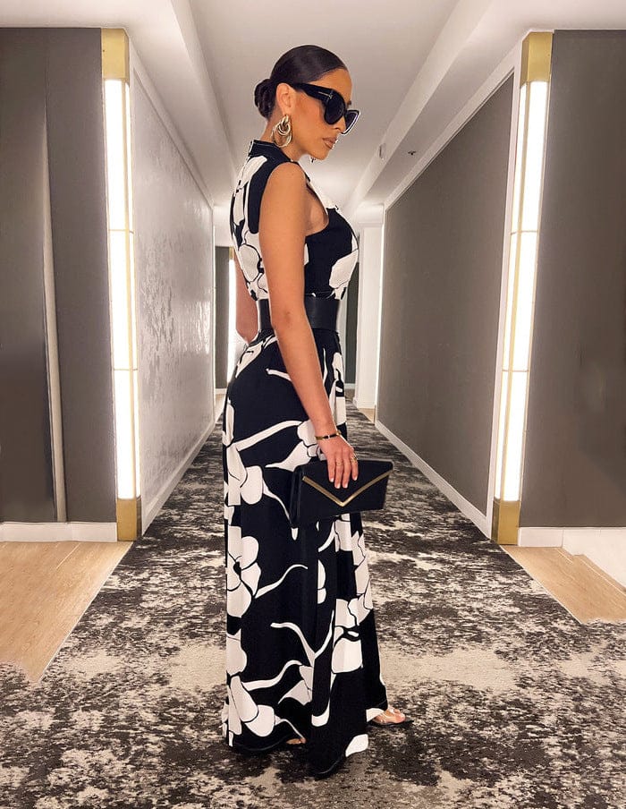 women sleeveless printed wide leg casual jumpsuit