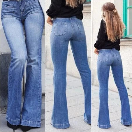 Women Slim Flare Long Jeans Mid Waist Pocket Female Fashion Casual Denim Pants