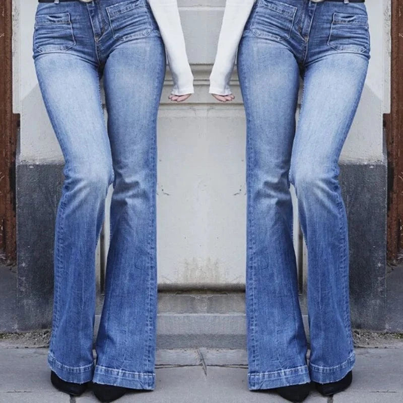 Women Slim Flare Long Jeans Mid Waist Pocket Female Fashion Casual Denim Pants