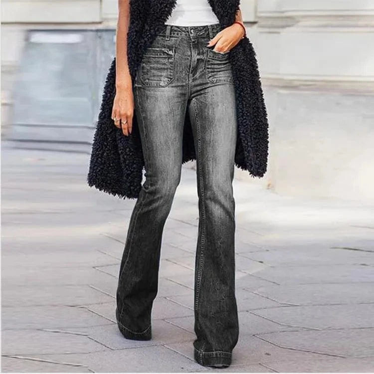 Women Slim Flare Long Jeans Mid Waist Pocket Female Fashion Casual Denim Pants