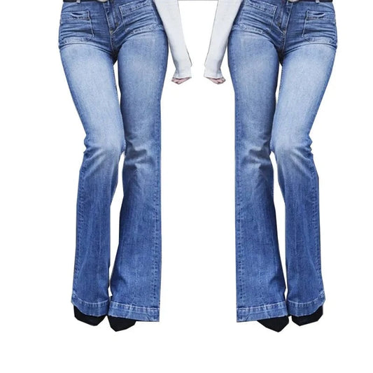 Women Slim Flare Long Jeans Mid Waist Pocket Female Fashion Casual Denim Pants