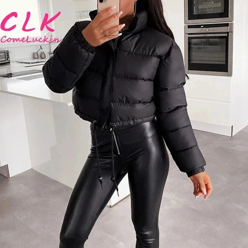 Women Solid Jackets Bubble Short Crop Coats Puff Ladies Down Coats Thick Warm Patchwork Winter Bomber Puffer Jackets For Women