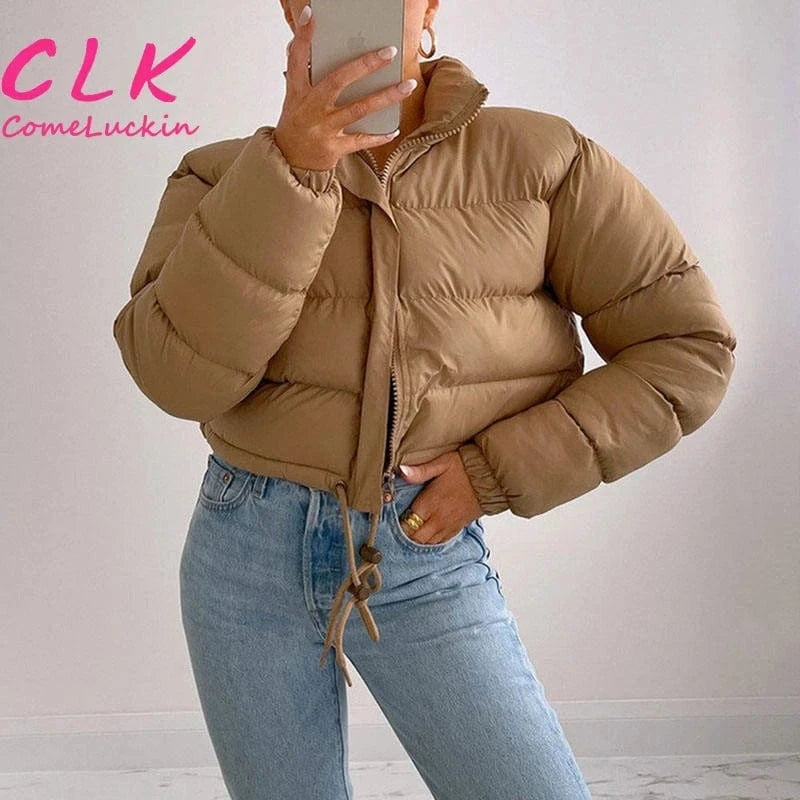 Women Solid Jackets Bubble Short Crop Coats Puff Ladies Down Coats Thick Warm Patchwork Winter Bomber Puffer Jackets For Women