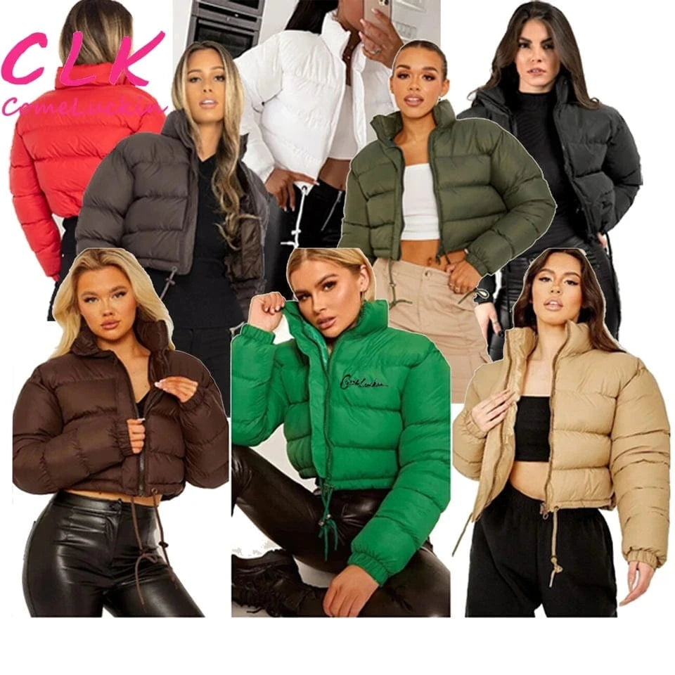 Women Solid Jackets Bubble Short Crop Coats Puff Ladies Down Coats Thick Warm Patchwork Winter Bomber Puffer Jackets For Women