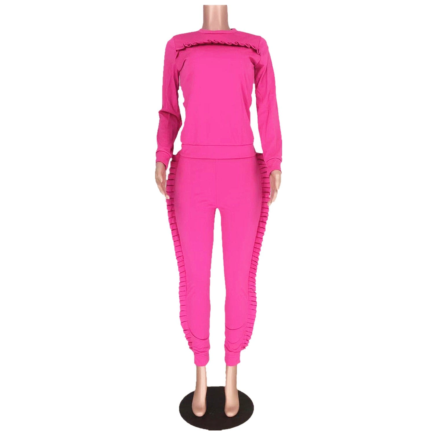 Women Solid Ruffle Two Piece Outfit Long Sleeve Crewneck Pullover Tops And Long Pants Sweatsuits