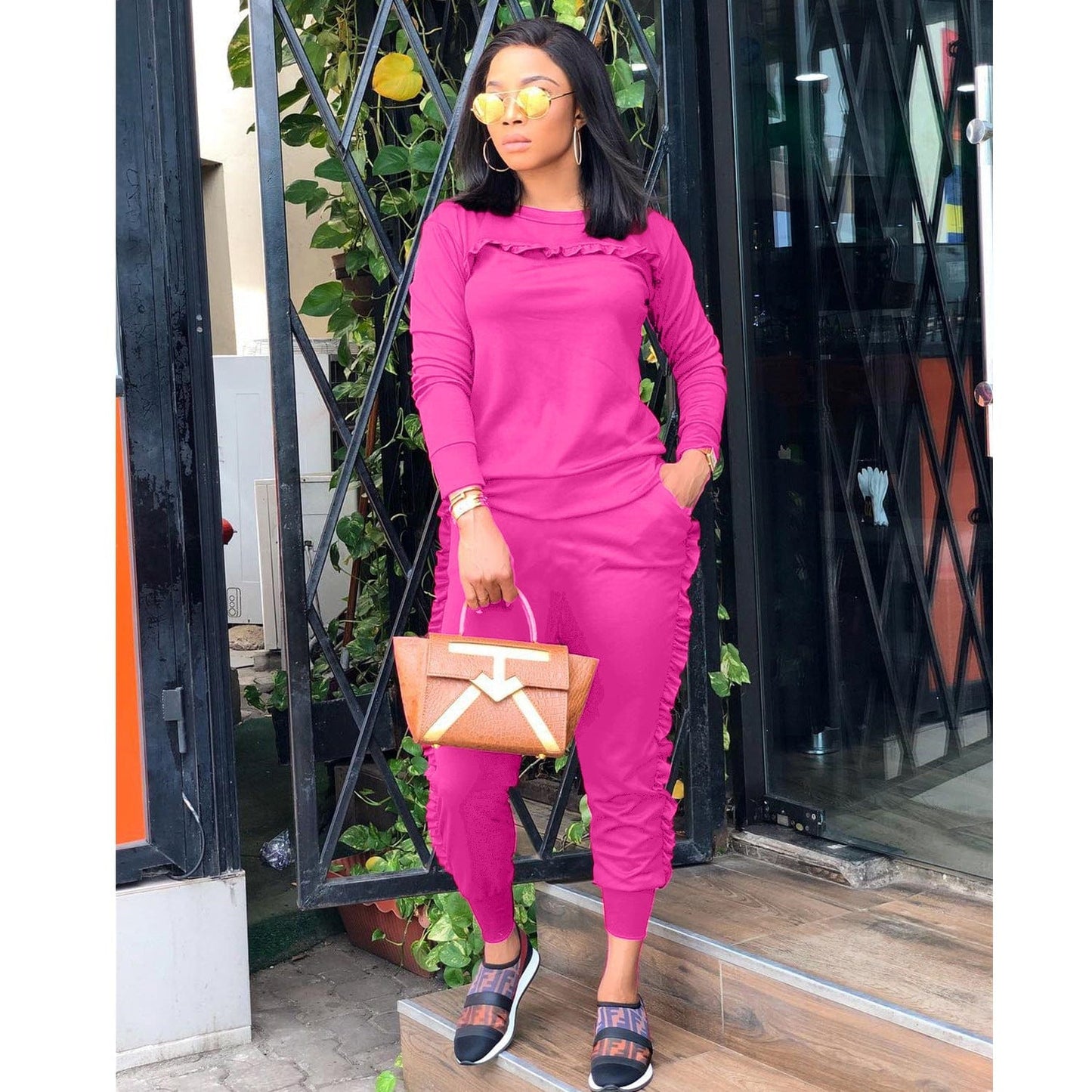 Women Solid Ruffle Two Piece Outfit Long Sleeve Crewneck Pullover Tops And Long Pants Sweatsuits