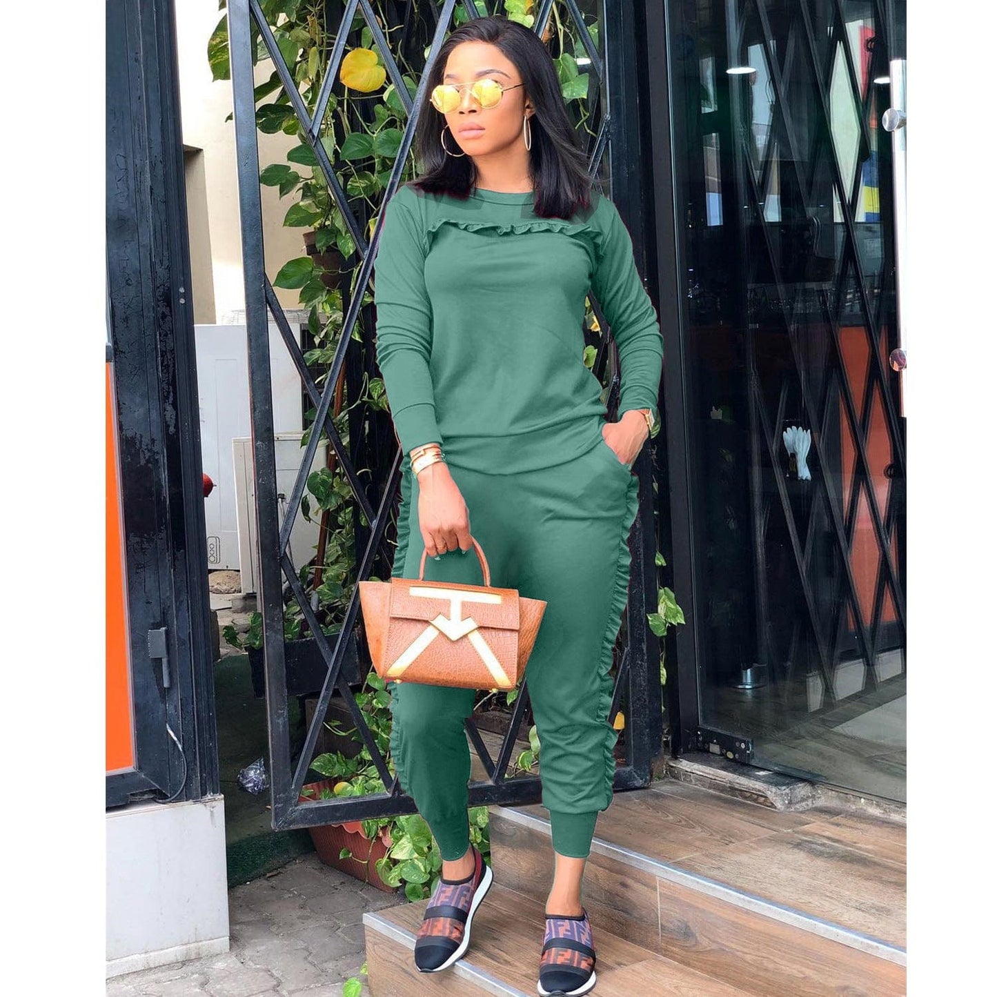 Women Solid Ruffle Two Piece Outfit Long Sleeve Crewneck Pullover Tops And Long Pants Sweatsuits