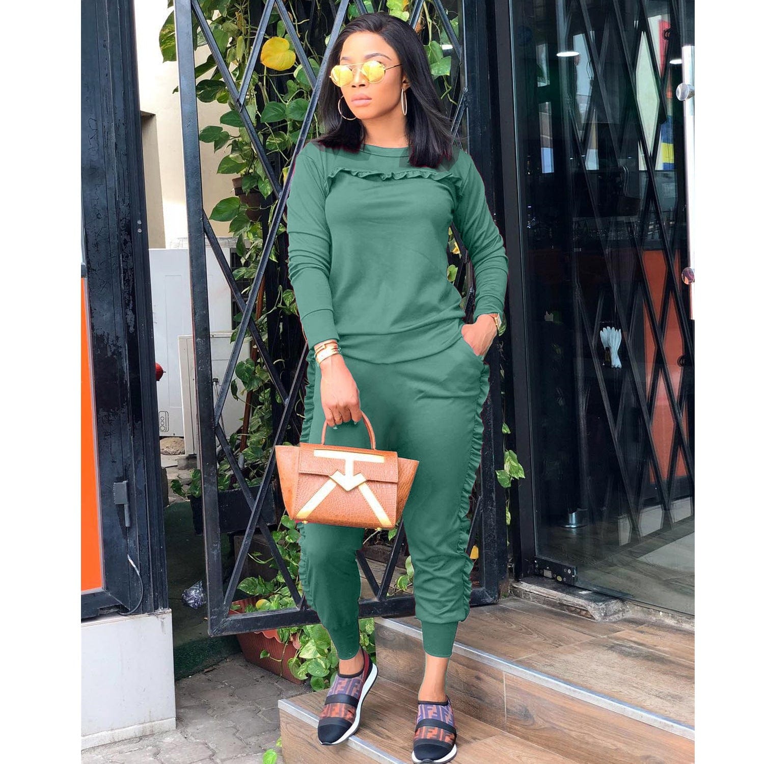 Women Solid Ruffle Two Piece Outfit Long Sleeve Crewneck Pullover Tops And Long Pants Sweatsuits