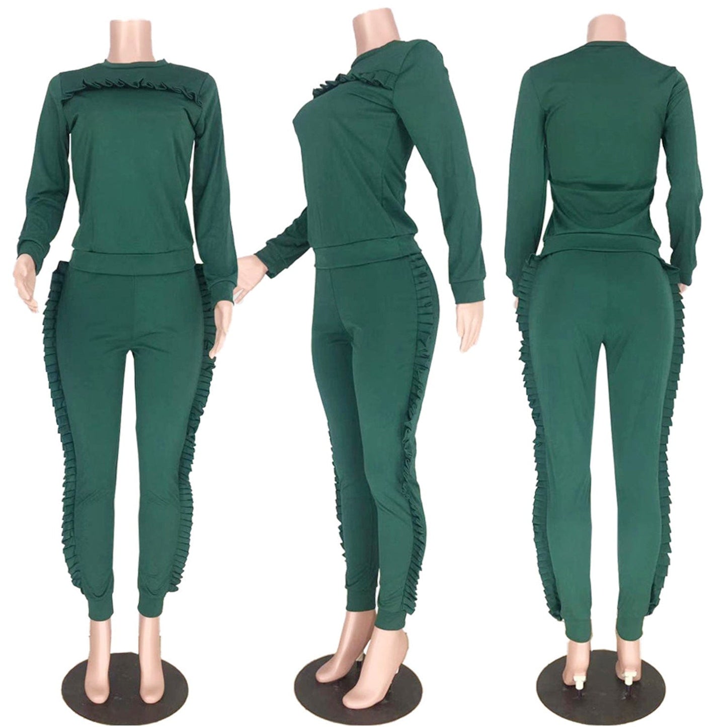 Women Solid Ruffle Two Piece Outfit Long Sleeve Crewneck Pullover Tops And Long Pants Sweatsuits