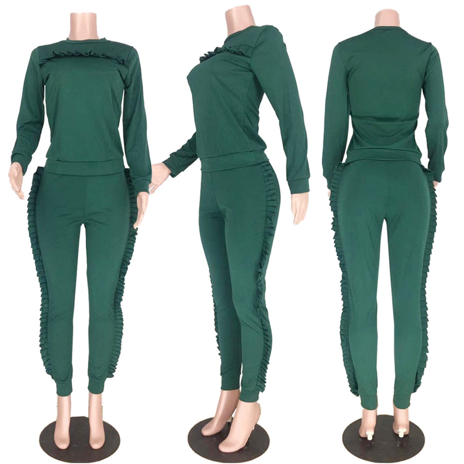 Women Solid Ruffle Two Piece Outfit Long Sleeve Crewneck Pullover Tops And Long Pants Sweatsuits