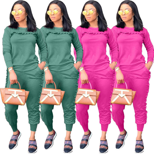 Women Solid Ruffle Two Piece Outfit Long Sleeve Crewneck Pullover Tops And Long Pants Sweatsuits