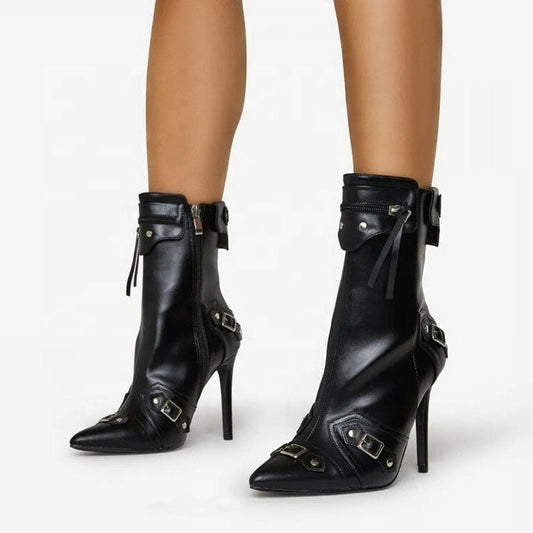 Women Stiletto Heel Black Retro Style Metal Decor Motorcycle Boots Fashion Pointed Toe Side Zipper Winter Comfort Ankle Boots