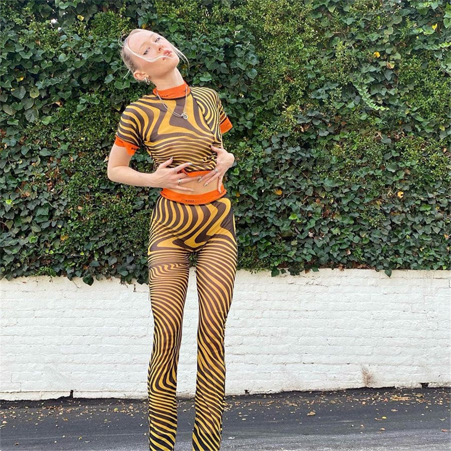 Women Stripe Casual Tracksuit 2 Pieces Sports see through Outfit Summer Short Sleeve Shirt Top Bodycon 2 pcs long Pants Set