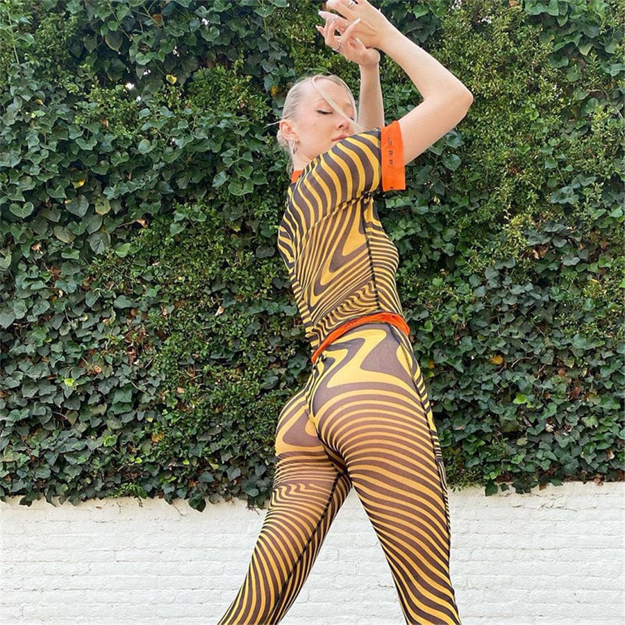 Women Stripe Casual Tracksuit 2 Pieces Sports see through Outfit Summer Short Sleeve Shirt Top Bodycon 2 pcs long Pants Set