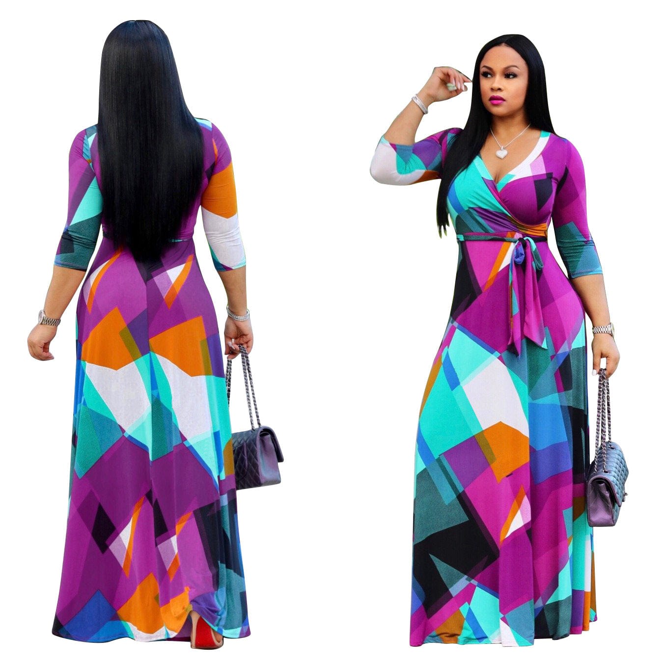 Women Summer Clothes Girls Sexy Deep V-Neck Half Sleeve Geometric Pattern Dress Clothes Trending