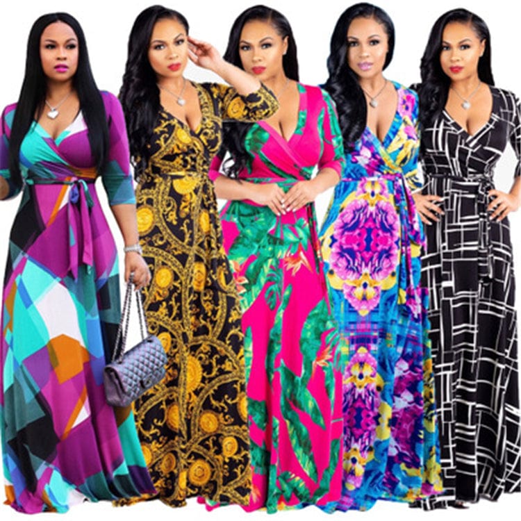 Women Summer Clothes Girls Sexy Deep V-Neck Half Sleeve Geometric Pattern Dress Clothes Trending