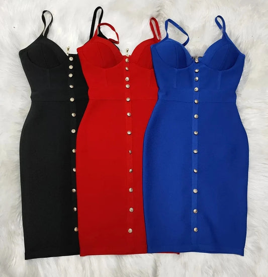 Women Summer Sexy Sleeveless Backless Blue Button Midi Bodycon Bandage Dress 2024 Elegant Party Stage Performance Dress