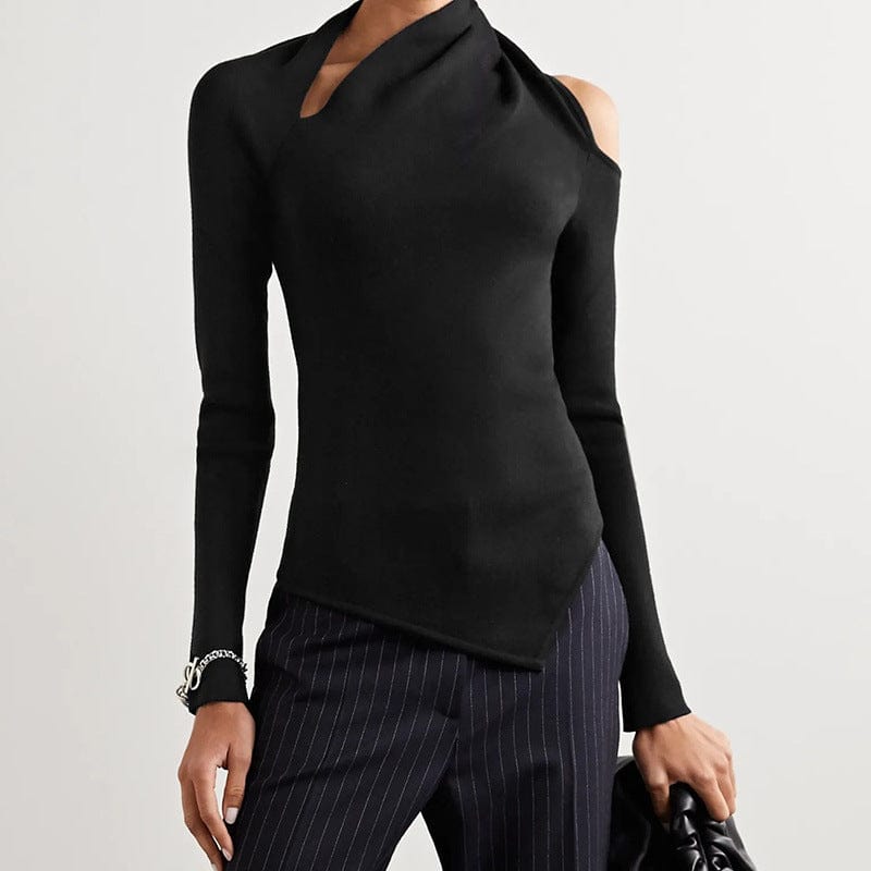 Women Sweater Asymmetry  Shoulder Sweater Black White Vintage Sexy Irregular knitting Pullover 2022 New