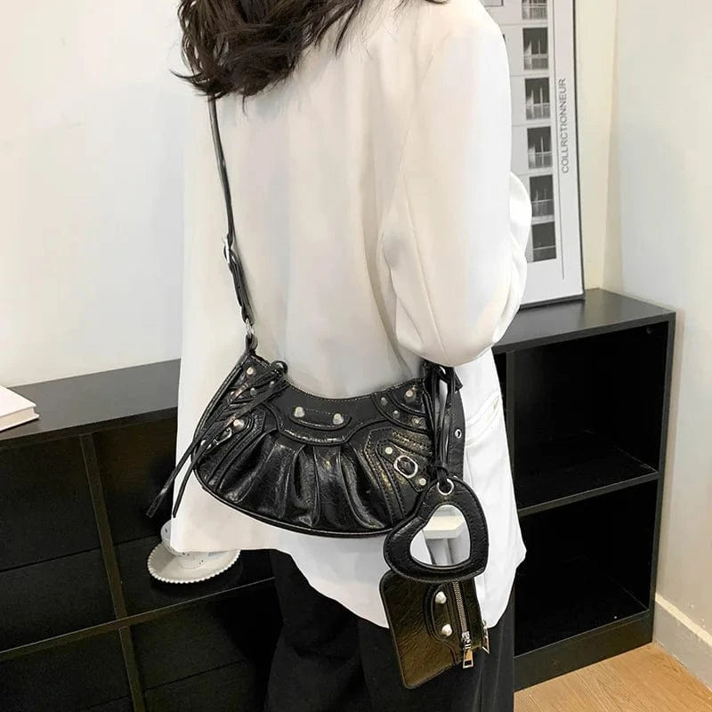 Women Tassel Handbags Purses Set Rivet PU Leather Pleated Shoulder Bag Crossbody Female Purse Multi-pocket Denim Moon Saddle Bag