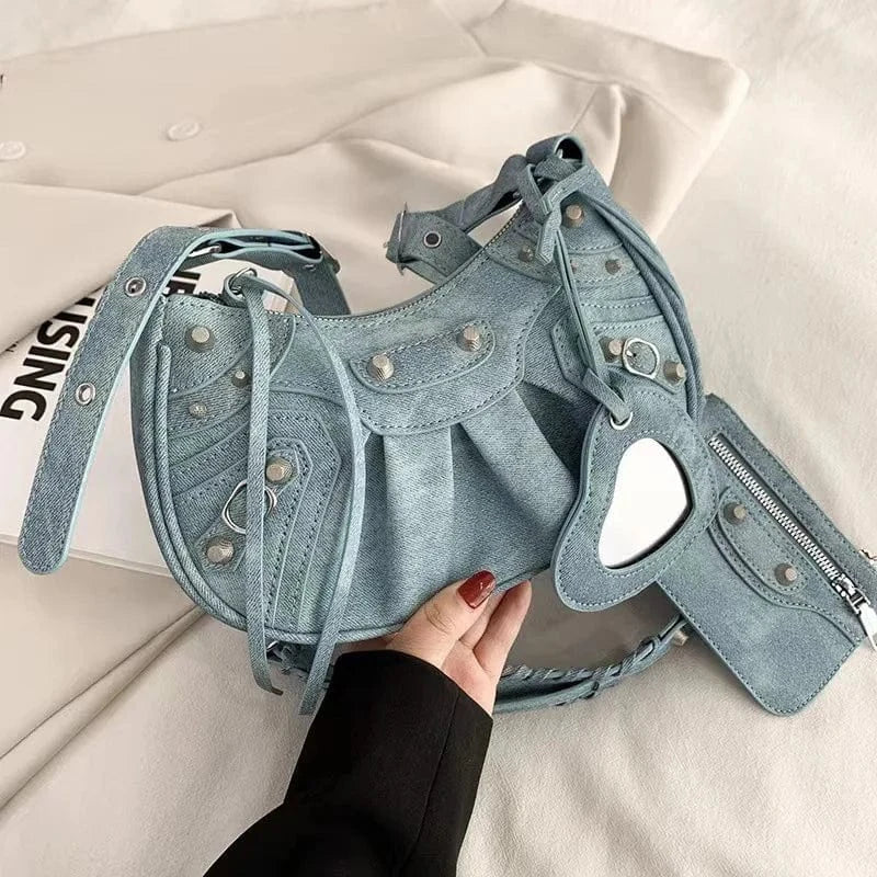 Women Tassel Handbags Purses Set Rivet PU Leather Pleated Shoulder Bag Crossbody Female Purse Multi-pocket Denim Moon Saddle Bag