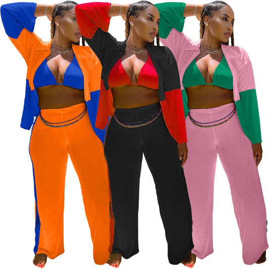 Women Top Fashion New Women Clothing Ins Style Fashion Stitching Sexy Three Piece Set
