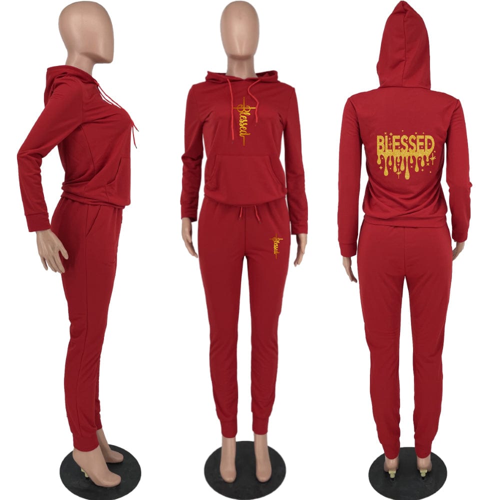 Women Tracksuit  Casual Women Clothing Set Autumn Pocketed Printed Drawstring Hooded Collar Long Sleeve Two Pieces