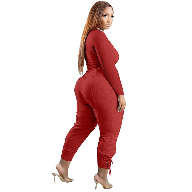 Women Tracksuit Sweatsuit Set Women Outfits Casual Solid Bandage Patchwork V Neck Plus Size Two Pieces Pant Set