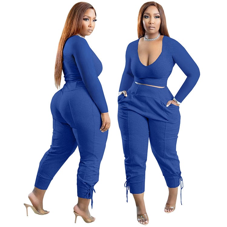 Women Tracksuit Sweatsuit Set Women Outfits Casual Solid Bandage Patchwork V Neck Plus Size Two Pieces Pant Set