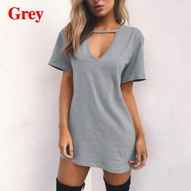 Women Tshirt Dress Choker Deep V-Neck Summer Dresses Mini T-Shirt Short Sleeve Ladies Casual Sexy Clothing Dropshipping