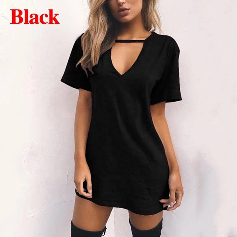 Women Tshirt Dress Choker Deep V-Neck Summer Dresses Mini T-Shirt Short Sleeve Ladies Casual Sexy Clothing Dropshipping