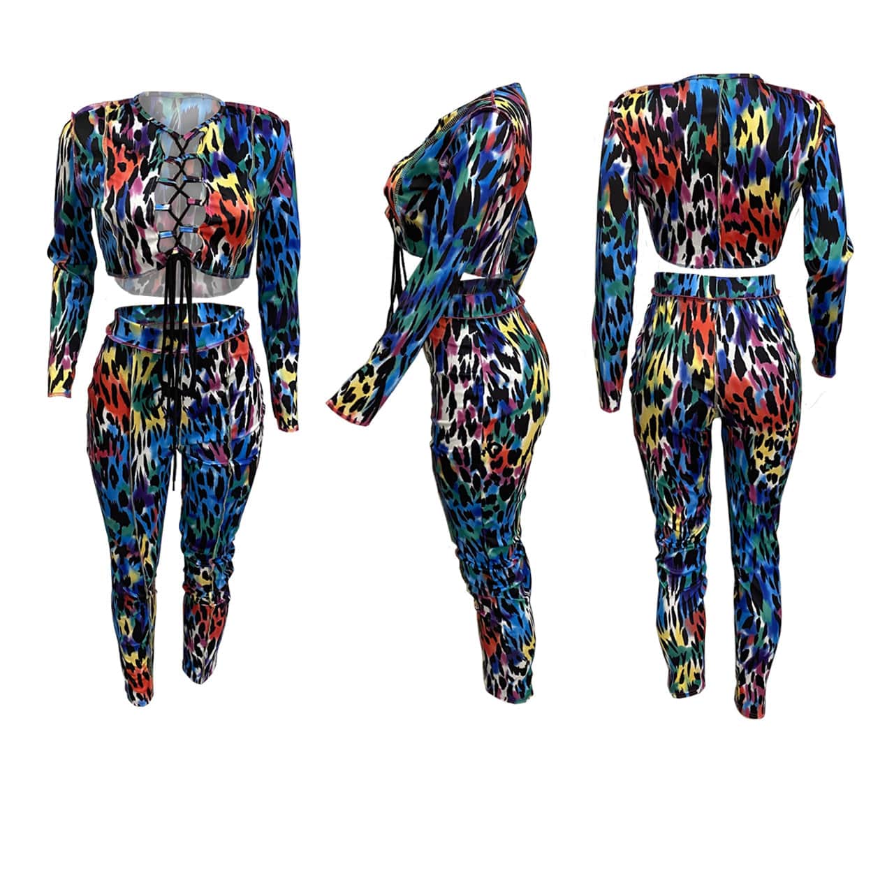 Women Two Piece Outfits Casual Long Sleeve Hollow Out Lace Up Crop Top Tight Pant Set Leopard