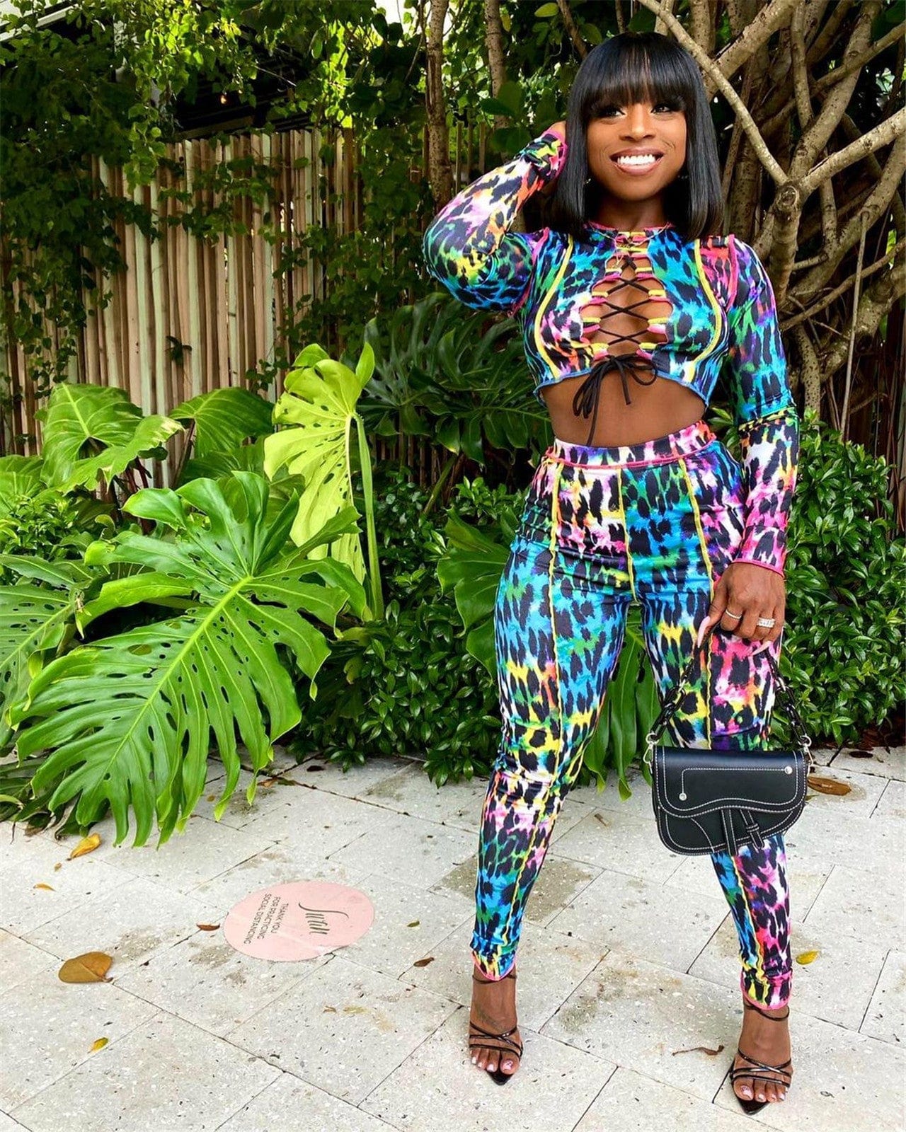 Women Two Piece Outfits Casual Long Sleeve Hollow Out Lace Up Crop Top Tight Pant Set Leopard