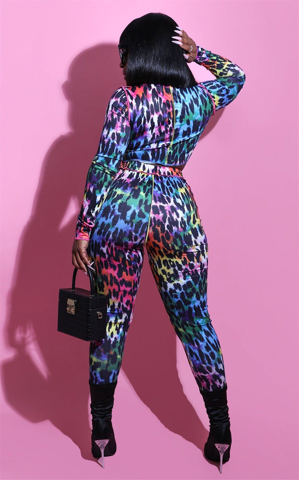 Women Two Piece Outfits Casual Long Sleeve Hollow Out Lace Up Crop Top Tight Pant Set Leopard