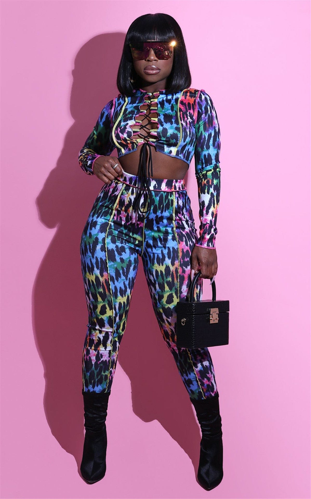 Women Two Piece Outfits Casual Long Sleeve Hollow Out Lace Up Crop Top Tight Pant Set Leopard