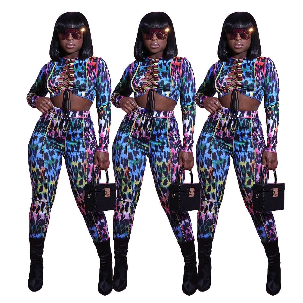 Women Two Piece Outfits Casual Long Sleeve Hollow Out Lace Up Crop Top Tight Pant Set Leopard