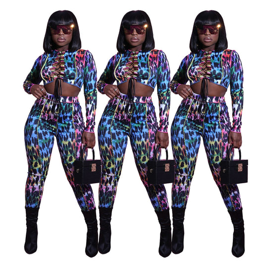 Women Two Piece Outfits Casual Long Sleeve Hollow Out Lace Up Crop Top Tight Pant Set Leopard