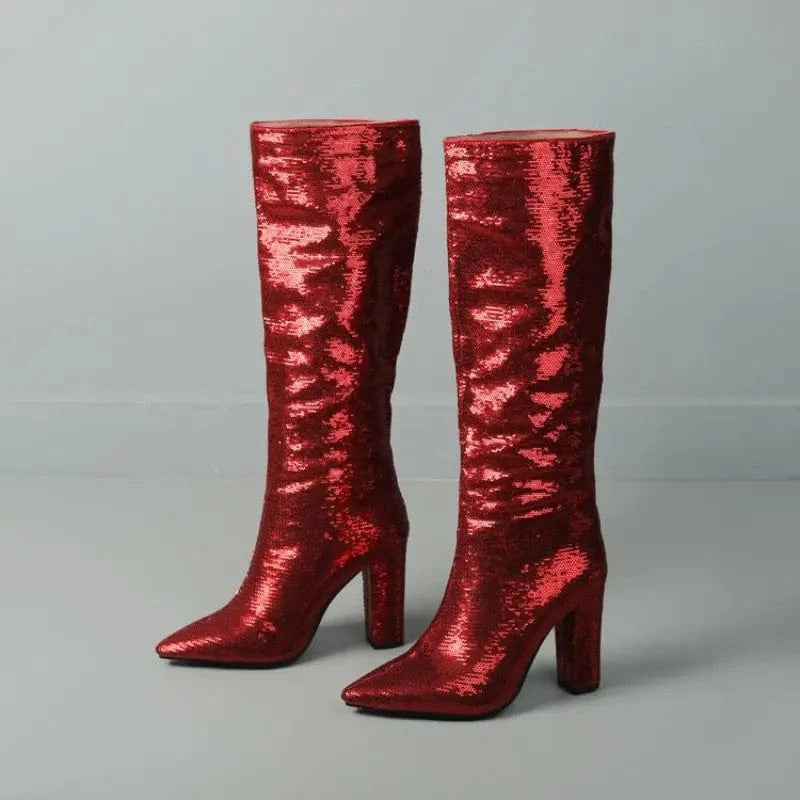 Women US10/EU42 / Red Bling New Botas Alto Chunky Heel Shoes 2023 Knee-High Women Boots