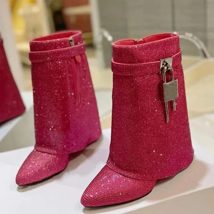 Women US11/EU43 / Rosy Botines Mujer Shark Lock Fashion Wedge Heel Shiny Diamond Rhinestone Short Boots for Women Shoes