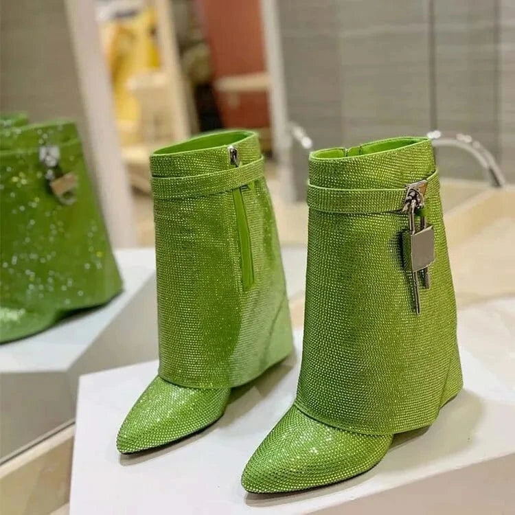 Women US4/EU34 / green Botines Mujer Shark Lock Fashion Wedge Heel Shiny Diamond Rhinestone Short Boots for Women Shoes
