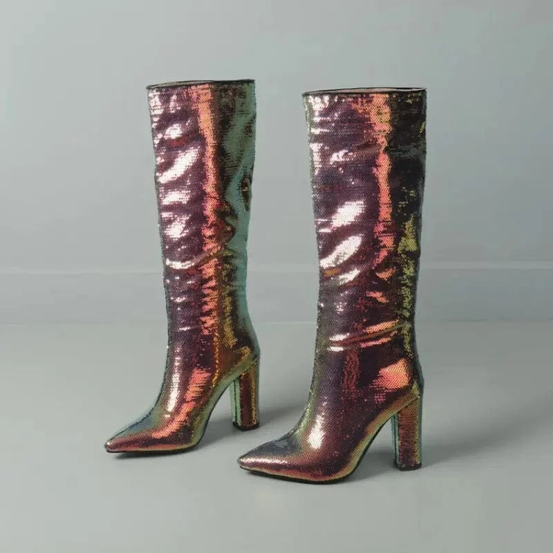 Women US4/EU34 / Orange Bling New Botas Alto Chunky Heel Shoes 2023 Knee-High Women Boots