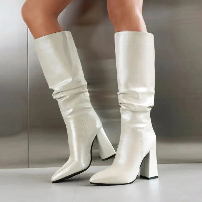 Women US4/EU34 / White Large Size New Material Botas De Tacon Wrinkled Pleated Block Heel Sepatu Knee High Boots for Women