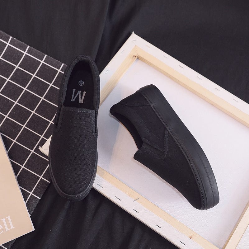 Women US6/EU37 / Black+Black Simple Design China Wholesale Candy Color Slip on Sneaker Trendy Canvas Shoes