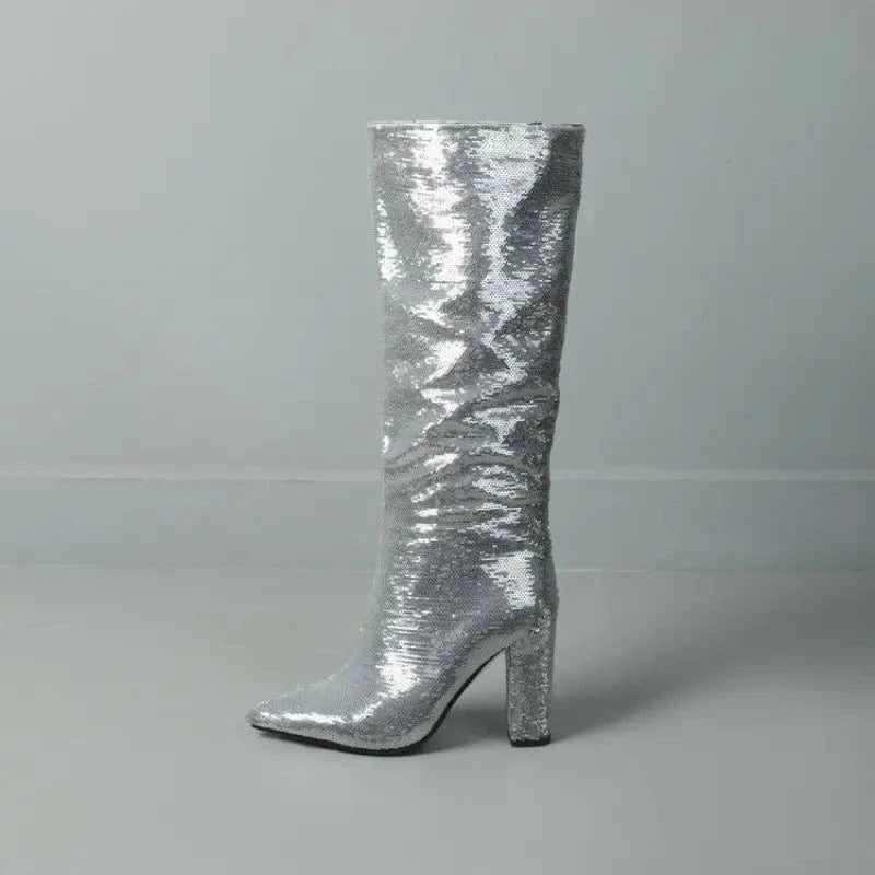 Women US6/EU37 / silver Bling New Botas Alto Chunky Heel Shoes 2023 Knee-High Women Boots