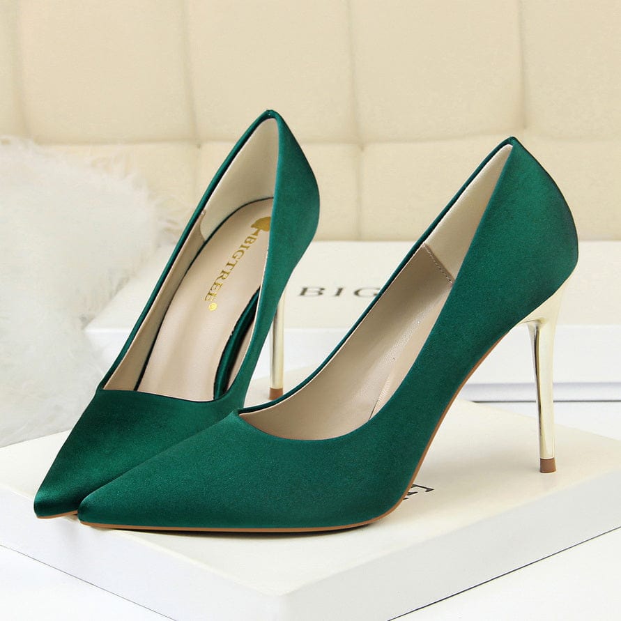 Women US7.5/EU39 / Green 2022 Muti Color Silk Material Elegant Pointed Toe Pleaser Sexy Ladies Shoes Stiletto High Heels with Big Size 43