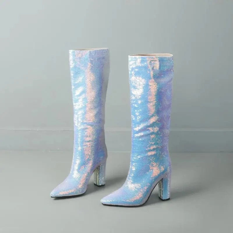 Women US9/EU41 / Blue Bling New Botas Alto Chunky Heel Shoes 2023 Knee-High Women Boots