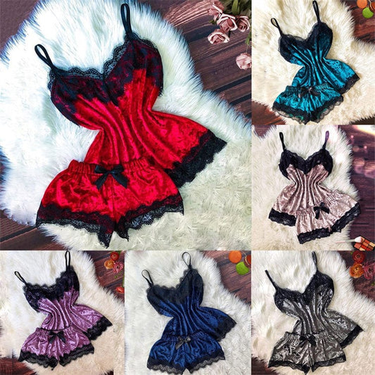 Women Velvet Lace Sleepwear Pajamas Sexy Sleeveless Camisole With Shorts Lingerie Two Piece Summer Nightwear