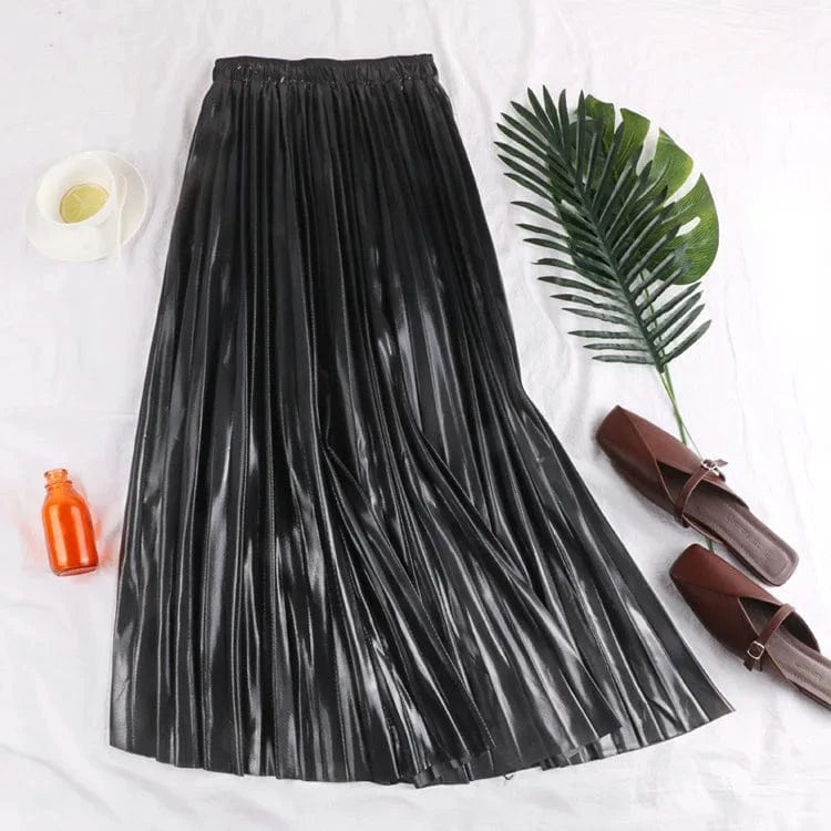Women Vintage Long Pleated Solid Flared Midi Skirt Elegant Mid-Calf Empire Shiny Maxi Skirt EB333-1611-38