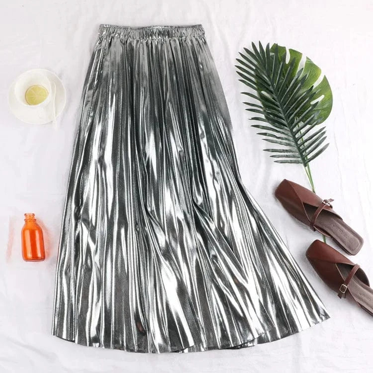 Women Vintage Long Pleated Solid Flared Midi Skirt Elegant Mid-Calf Empire Shiny Maxi Skirt EB333-1611-38