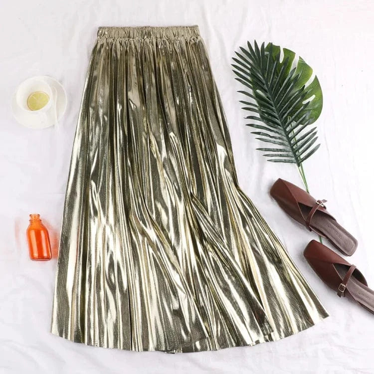 Women Vintage Long Pleated Solid Flared Midi Skirt Elegant Mid-Calf Empire Shiny Maxi Skirt EB333-1611-38