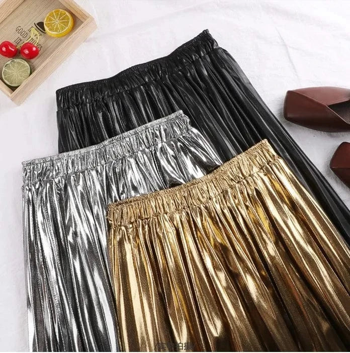 Women Vintage Long Pleated Solid Flared Midi Skirt Elegant Mid-Calf Empire Shiny Maxi Skirt EB333-1611-38